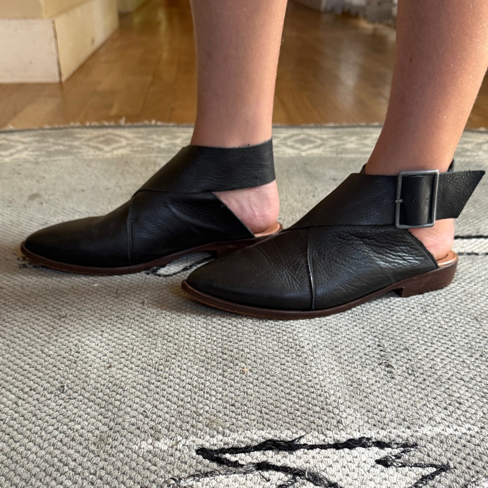 Free People Black Leather Bryce Buckle Wrap Flats